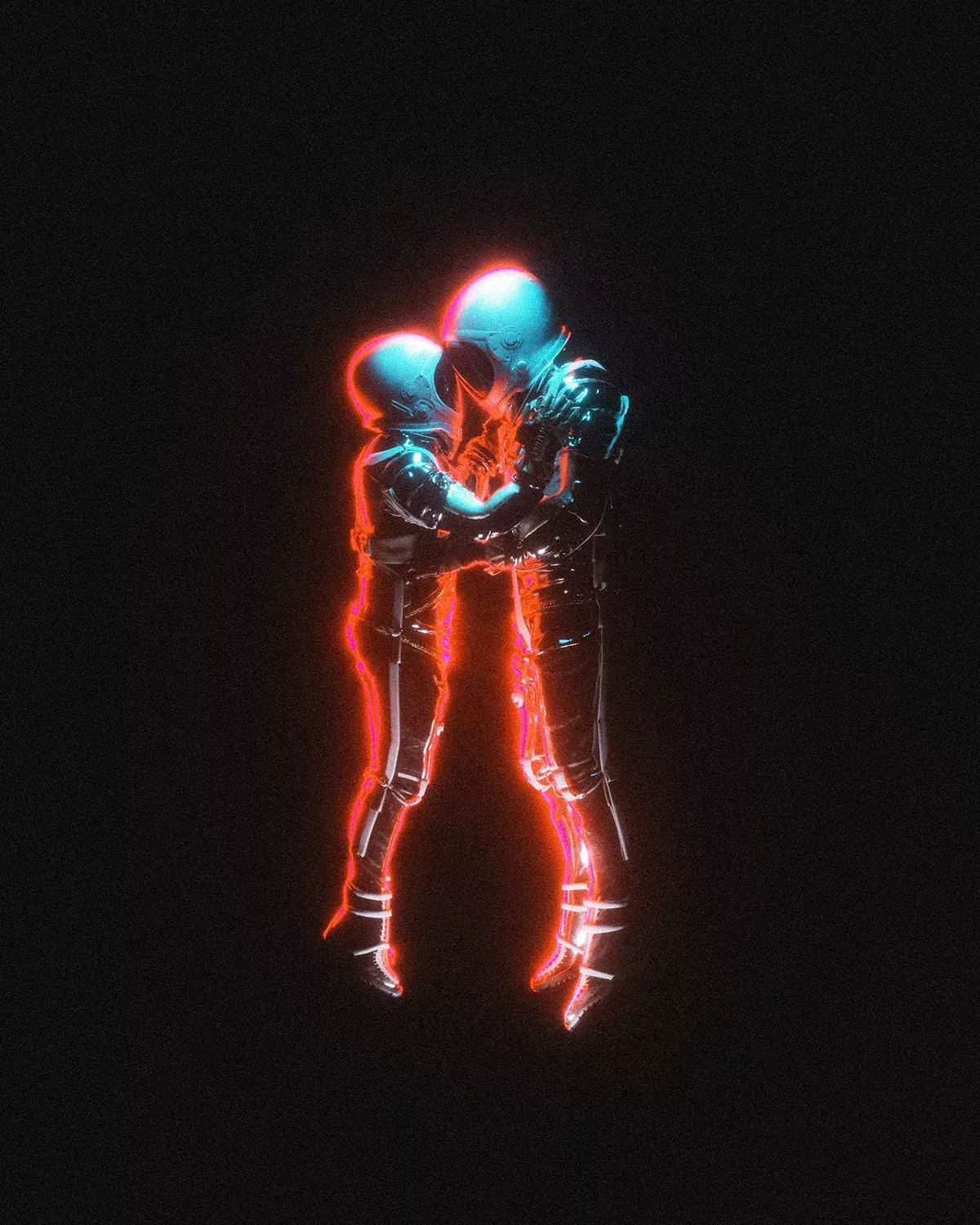 Dos figuras con trajes iluminados en neón